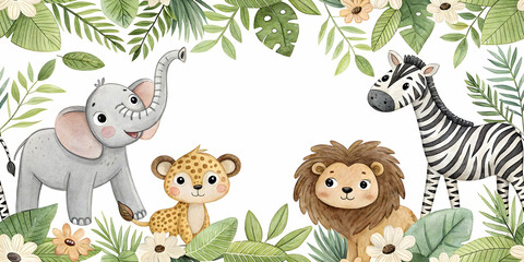 Naklejka premium Seamless Pattern Jungle Friends: Adorable watercolor illustration of African safari animals, including an elephant, lion, leopard cub, and zebra.