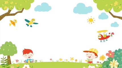 Naklejka premium Children playing outdoors, cartoon style, sunny day, background scenery