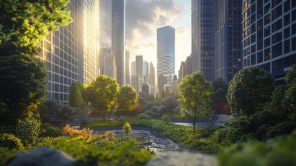 Fototapeta premium A city with a river running through it and trees on both sides