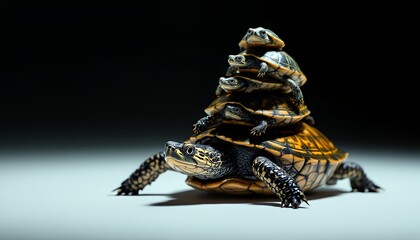 Fototapeta premium Tower of Turtles Baby Turtles Stacked on Top of Mother Turtle