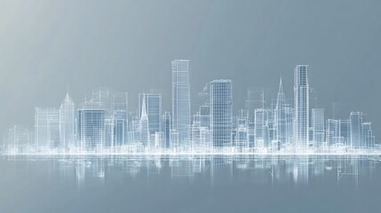 Fototapeta premium Abstract city skyline illustration with wireframe buildings and reflective surface