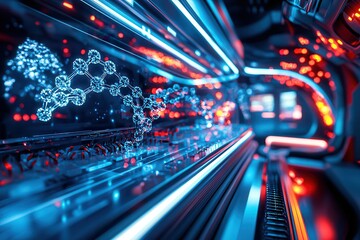 DNA helix: The foundation of biological innovation. Futuristic digital interface with glowing molecular structures.