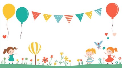 Children celebrating, party decorations, field background, illustration, kids party