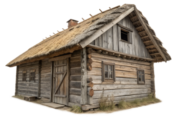Rustic wooden house with thatched roof in daylight