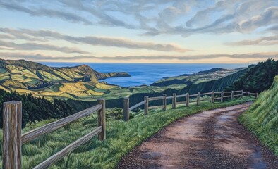 Fototapeta premium Scenic coastal road winding through green hills towards ocean.