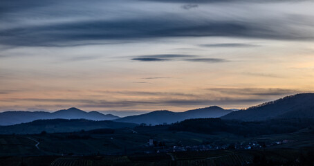 Crépuscule sur le Pays de Ribeauvillé, CEA, Alsace, Vosges, Grand Est, France
