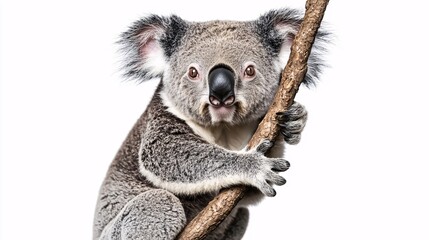Fototapeta premium koala clinging to a tree branch, isolated on a white background, focus on its paws and claws. koala.isolate on white background.Illustrations 
