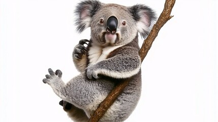 Naklejka premium koala hanging from a branch, isolated on a white background, highlighting its posture and facial expression. koala.isolate on white background.Illustrations 