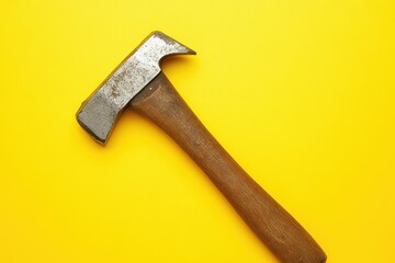 Used brick hammer tool with wooden handle on yellow background