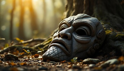 Stone Mask Resting Near Tree Roots in Forest with Golden Light