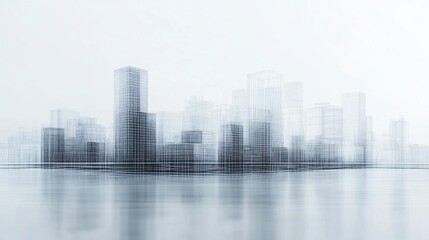 Abstract city skyline illustration with wireframe buildings in a minimalist style
