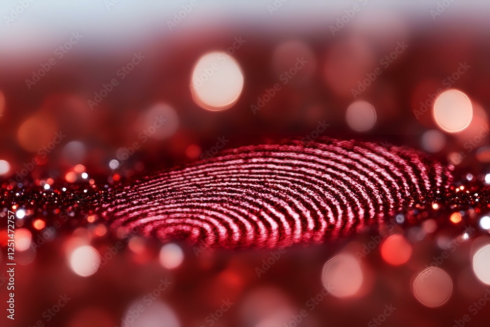 Poster red glowing fingerprint pattern on dark background with bokeh light effects, representing digital se