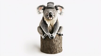 Fototapeta premium whimsical koala illustration, featuring the koala wearing a small hat and scarf, sitting on a tree stump with a playful and anthropomorphic design koala.isolate on white background.Illustrations 