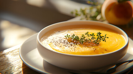 Warm & flavorful, this squash soup is accented with thyme and pepper. A perfect autumn dish to cozy up to.