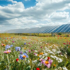 Picturesque Meadow With Solar Panels Under A Sunny Sky and Fluffy Clouds. Abundant Plants and Flowers With Green Lush Grass, Generating Eco Friendly Energy Underneath A Bright Blue Sky. This Is A