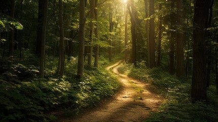 Obraz premium a path in the middle of the forest with morning sunlight