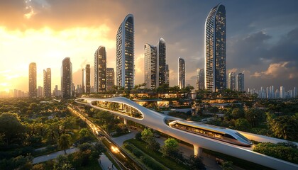 Fototapeta premium A visionary architects design of a sustainable urban landscape, combining sleek skyscrapers with green spaces, ecofriendly features, vibrant colors, and modern design