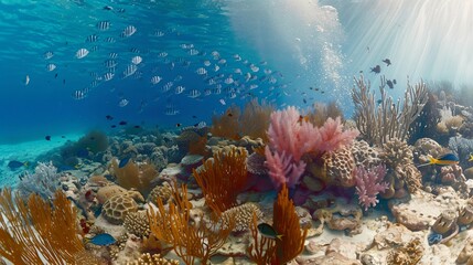 Naklejka premium Vibrant Coral Reef Teeming with Colorful Fish and Marine Life, the Beauty of Aquatic Ecosystems and the Importance of Ocean Conservation, Saltwater Aquariums, Tanks, Kits, Nanos, Reeftanks Concept