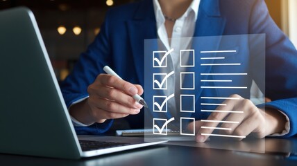 Naklejka premium Businesswoman Completing Checklist on Transparent Screen