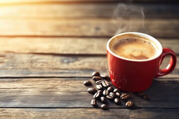 A steaming cup of coffee in a red mug placed on a wooden table with coffee beans scattered around.