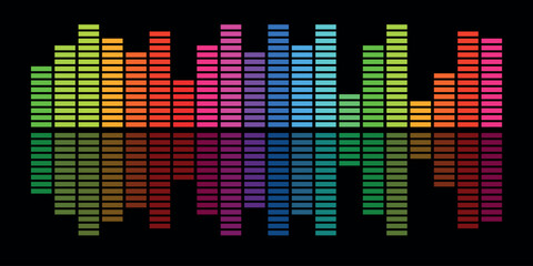 Multicolored neon equalizer on black background, audio voice.