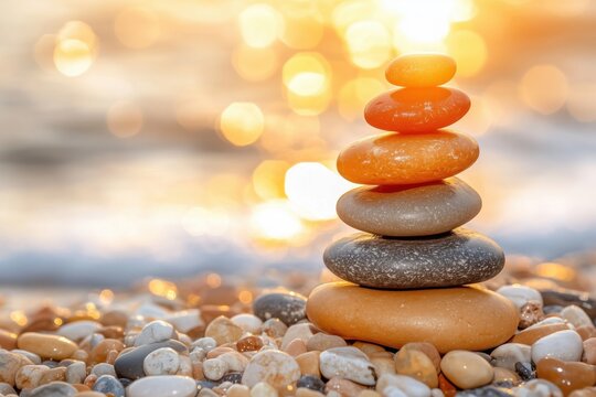 A balanced stack of smooth stones on a sandy beach with a glowing sunset in the background. - Powered by Adobe