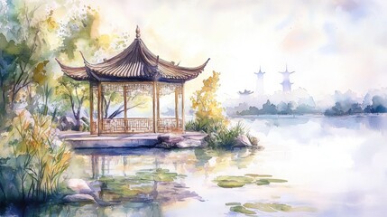 Fototapeta premium A serene scene of a pond with a pavilion and a bridge