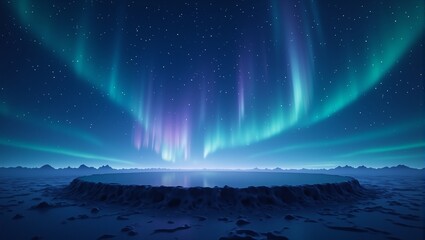 Experience the mesmerizing beauty of a midnight blue horizon adorned with emerald and lilac auroras encircling a mysterious shadowy void
