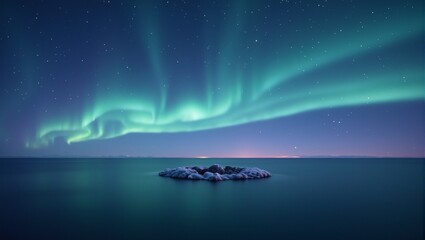 Experience the mesmerizing beauty of a midnight blue horizon adorned with emerald and lilac auroras encircling a mysterious shadowy void