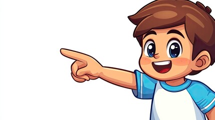 Obraz premium Cartoon boy pointing, white background, children's illustration, pointing direction