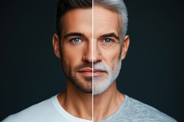 A split image showing a young man on one side and an older man on the other, highlighting the aging process.