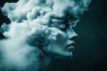 A serene woman with flowing clouds around her head, creating a dreamy atmosphere.