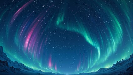 Stunning emerald and fuchsia auroras dance in a midnight blue sky encircling a profound sense of emptiness