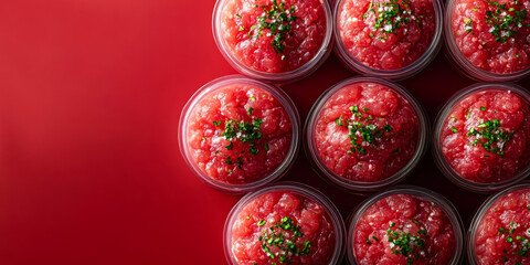 Meat juicy minced meat laid out in biodegradable containers. Health and environmental protection concept