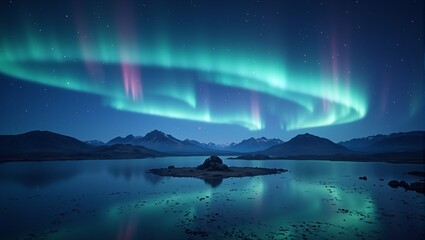 Fototapeta premium Ethereal teal and pink auroras dance across a midnight blue sky framing a mysterious shadowy circular center