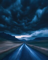 Dramatic Icelandic Road Trip Under Ominous Skies with Dark Clouds and Distant Mountains