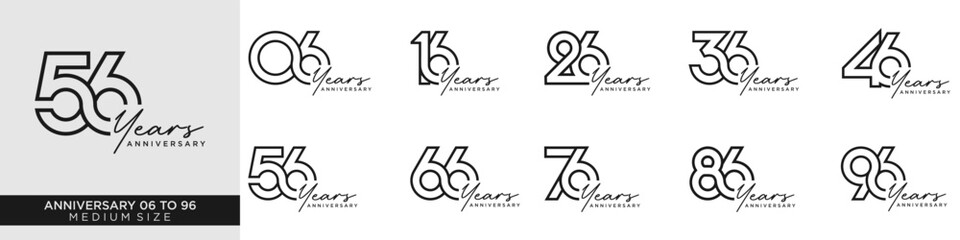 collection anniversary 16 to 96 year, creative number design vector illustration.