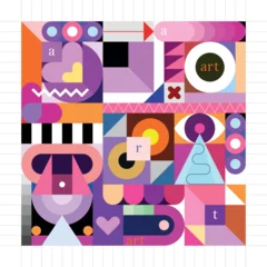 Abstract vector art design featuring various colorful geometric shapes, perfect for use as a seamless background. The design elements can be rearranged to create new variations.