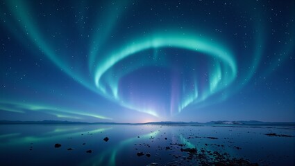 Naklejka premium Tranquil horizon immersed in midnight blue with delicate stars embraced by turquoise and amethyst auroras forming a perfect circle