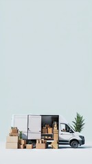 Fototapeta premium Moving van loaded with boxes, minimalist scene, possible use for moving company