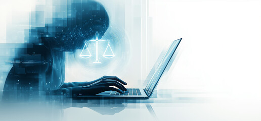 Hands Typing on Laptop with Justice Scale Hologram Overlay – Legal Technology Concept on Blue Background