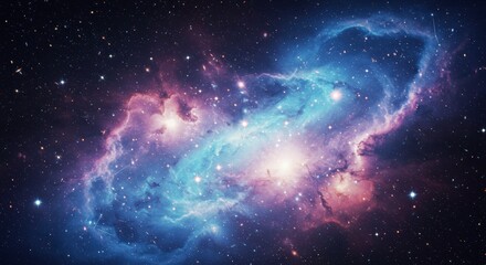 Obraz premium Cosmic Tapestry: An ethereal nebula glows with vibrant blues and pinks, its celestial dust swirling in a symphony of light and shadow, capturing the awe-inspiring beauty of the cosmos. 