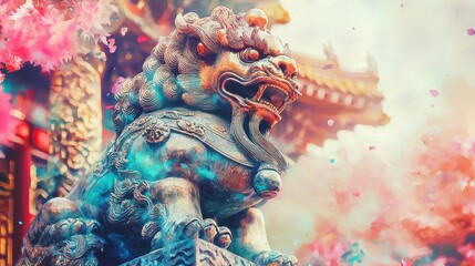Fototapeta premium A detailed lion statue stands guard outside an ornate temple, surrounded by blooming cherry blossoms. The atmosphere is vibrant and lively, capturing the essence of spring