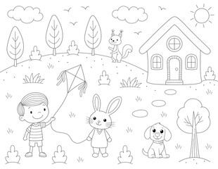 coloring page, cute illustration with a boy, bunny, house and more. ready to print on standard 8.5x11 inch paper.	