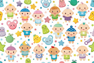 Cute babies, toys, stars; nursery pattern, baby shower
