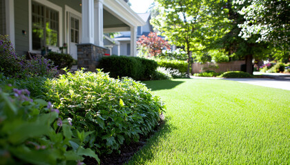 Lush green lawn with soft grass and vibrant landscaping in sunlight