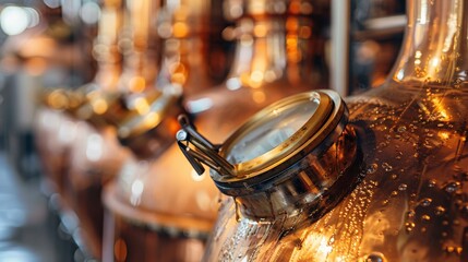 Close-up brewing equipment showcasing golden copper tanks with condensation, emphasizing advanced automated brewing processes and precision crafting in a futuristic brewery setup.