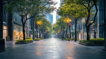 Fototapeta premium A city street with a sidewalk and trees lining the street