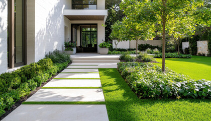 Modern front yard with sunlight illuminating trimmed grass and pathways