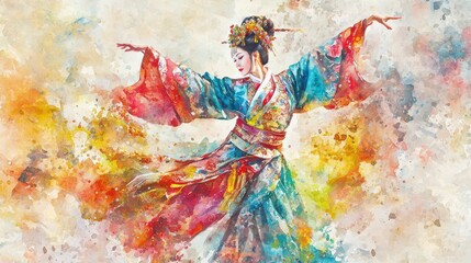 Naklejka premium A skilled dancer in a beautifully adorned traditional outfit performs with elegance and poise. The background is filled with swirling colors, adding to the artistic expression of the moment